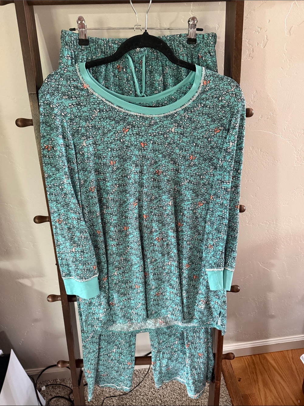Turquoise Floral Lounge Set - Long Sleeve Top & Pants